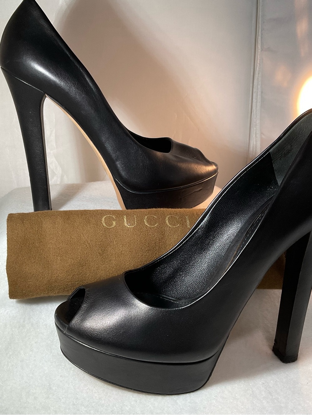 Gucci Black Leather Peep-Toe Platform Pumps with High Stiletto Heel Size 38
